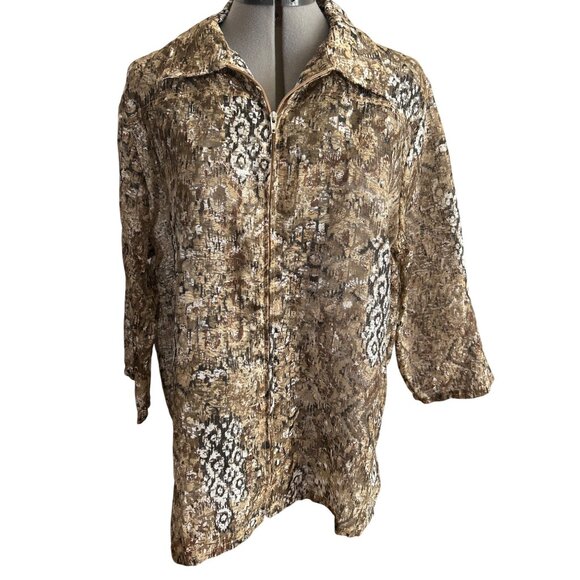 BonWorth Tops - BonWorth Womens Sheer Brown & Black Abstract Print Zip-Up Top Size Medium
